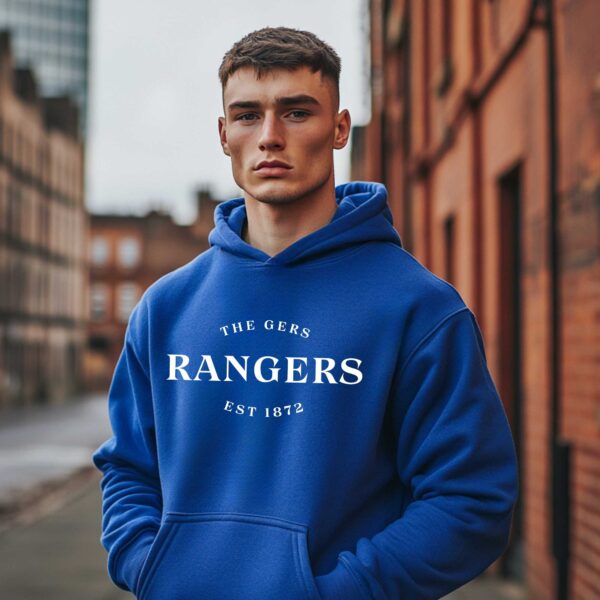 “The Gers, Rangers, Est 1872” – Royal Blue Hoodie - Image 3